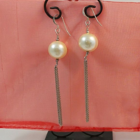 Vintage Dangle Drop Earrings 15mm faux pearl tassel Earrings 3.5" - Picture 2 of 5